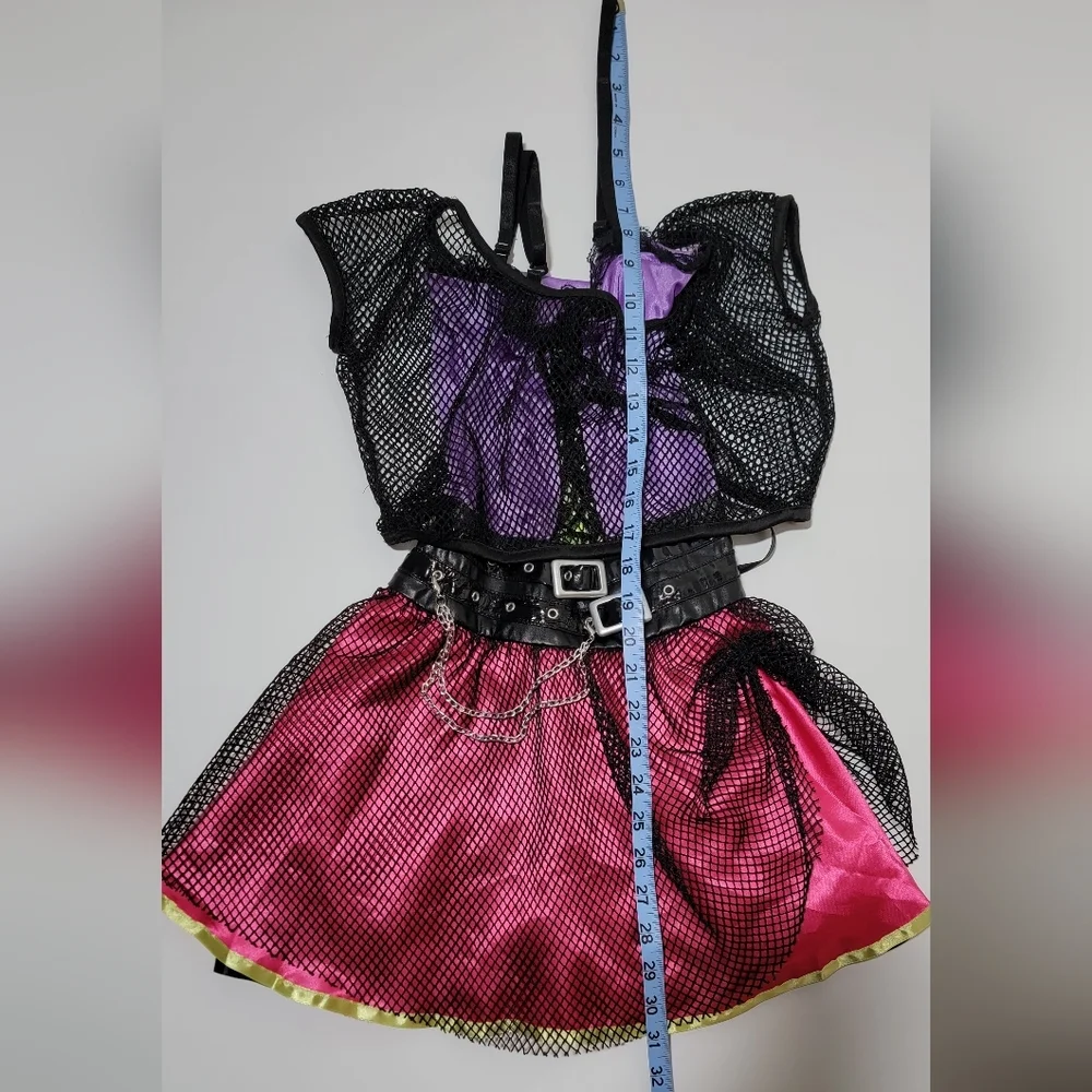 Amscan Girls 80s Punk Rock Costume Dress Fishnet Purple Pink Belted Halloween OS